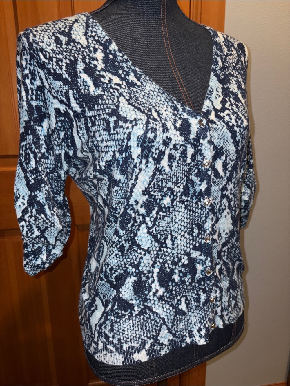 INC International Concepts Blue Snake-Print Jeweled Button Front Top